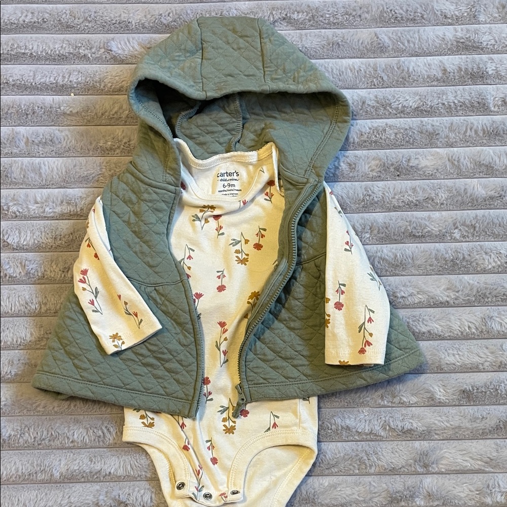 Carter's Olive Quilted Vest with Floral Cream Onesie